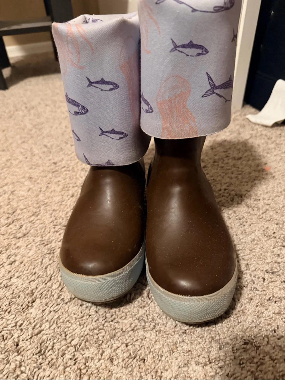 Women's Brown Winter Rain Boots with Patterned Cuff